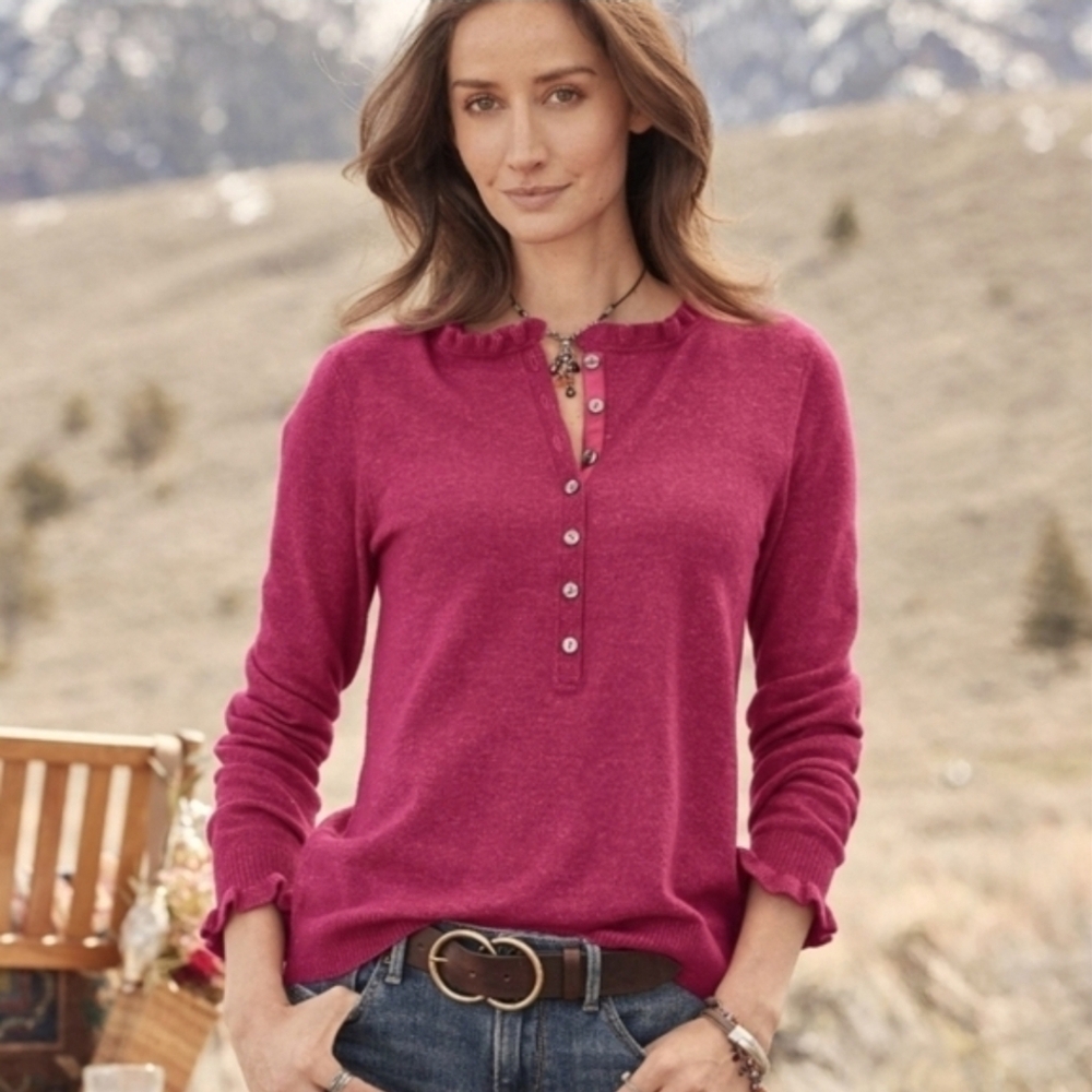 Sundance Catalog Edwina Ruffle Neck Henley Knit XL Pink